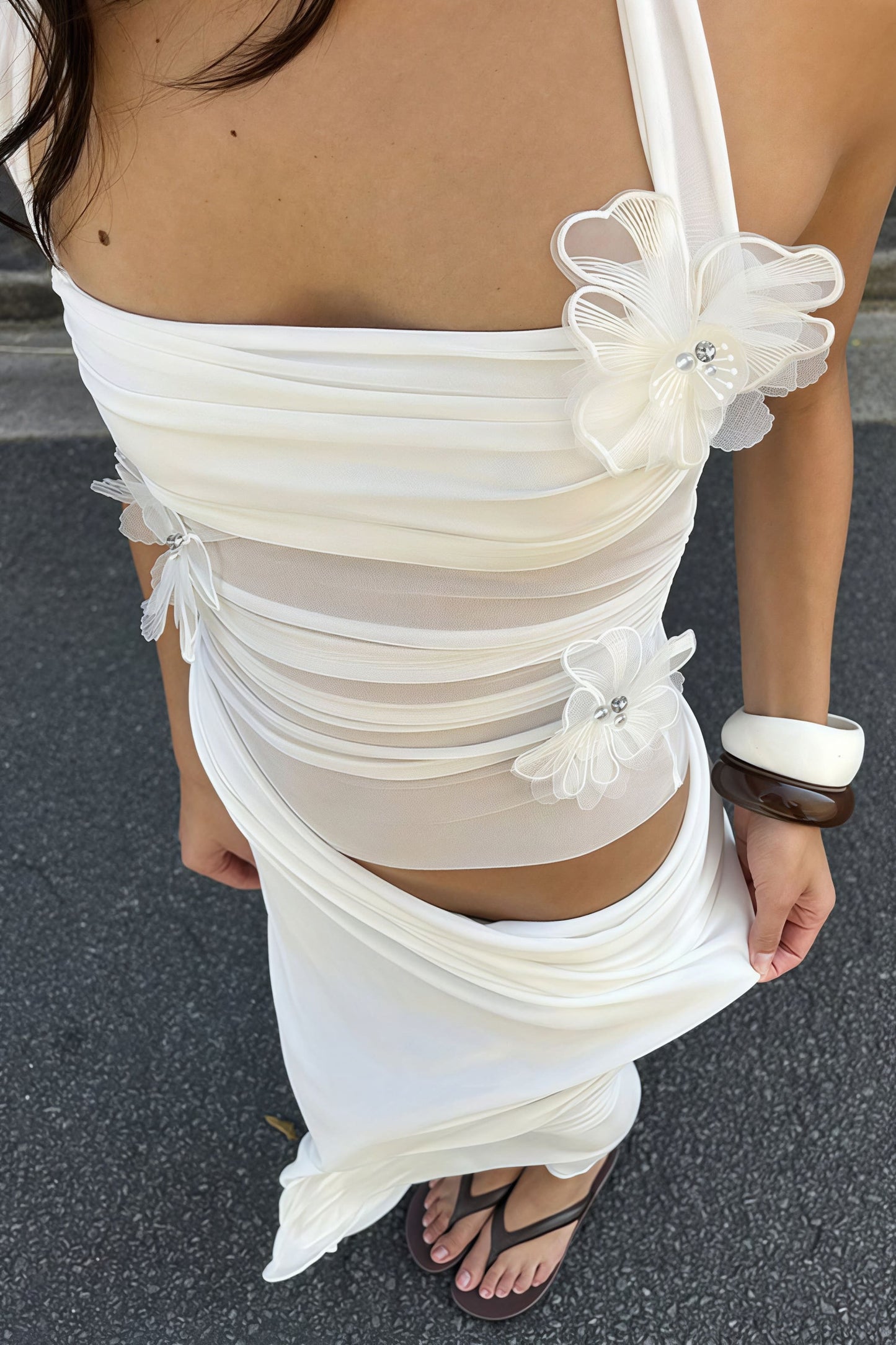 3D Floral Patchwork Halter Slim Cutout Waist Maxi Dress