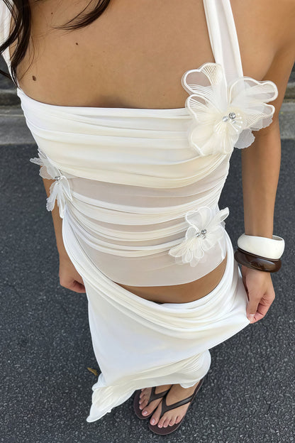 3D Floral Patchwork Halter Slim Cutout Waist Maxi Dress