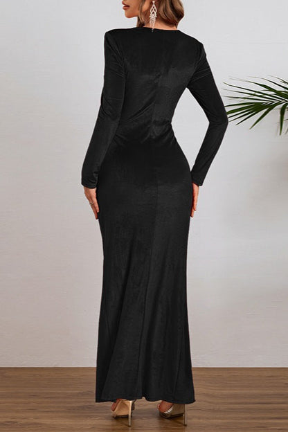 Elegant Long Sleeve Ruched Velvet Slit Fitted Waist Party Dress