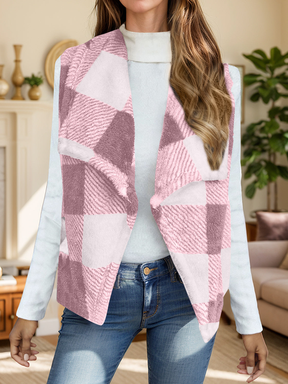 Yolanda | Checked vest coat with an open front