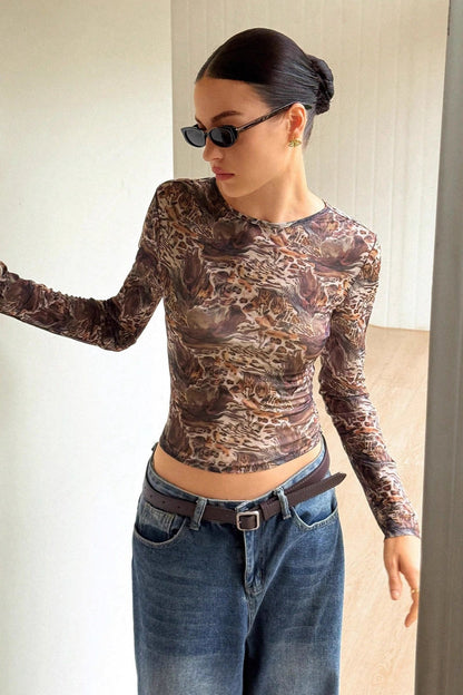 Mesh Sheer Leopard Print Slim Fit Long Sleeve Tee