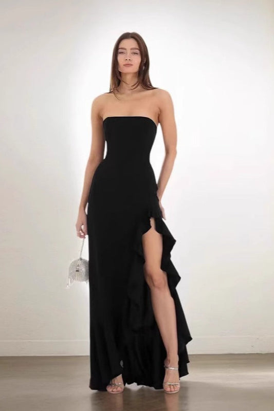 Ruffled Bustier Side Slit Formal Dress