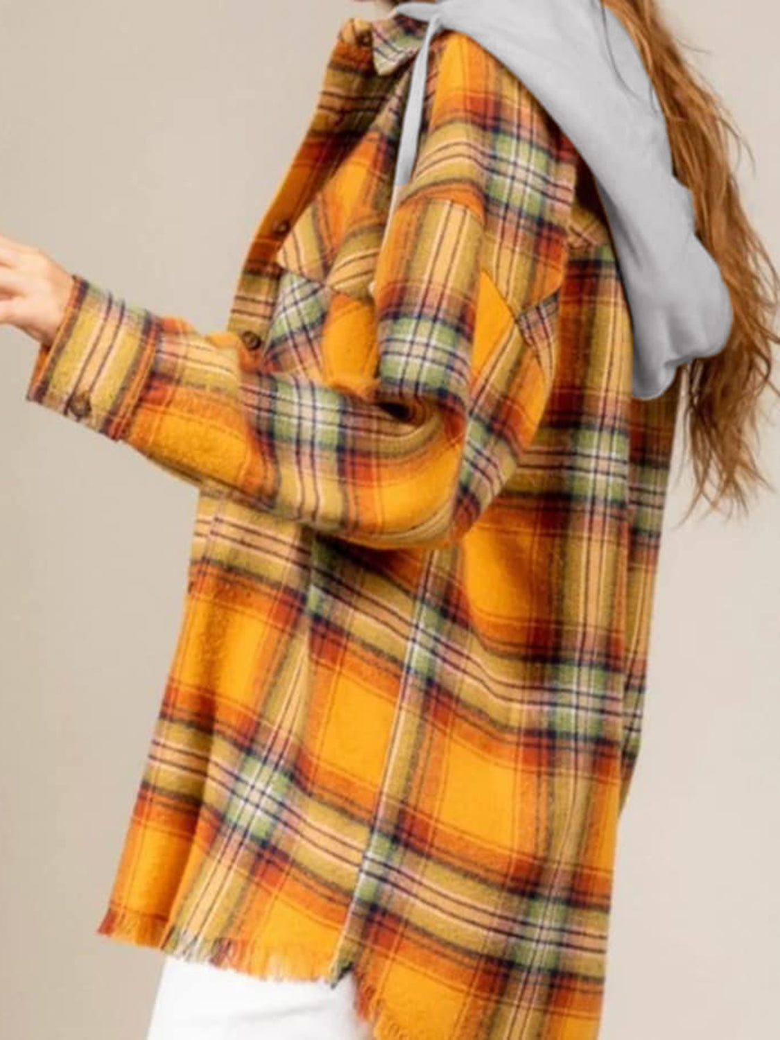 Carmen | Checked long sleeve hooded jacket with raw hem