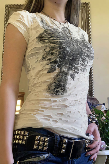 Gothic Dark Print Ripped Slim T-shirt