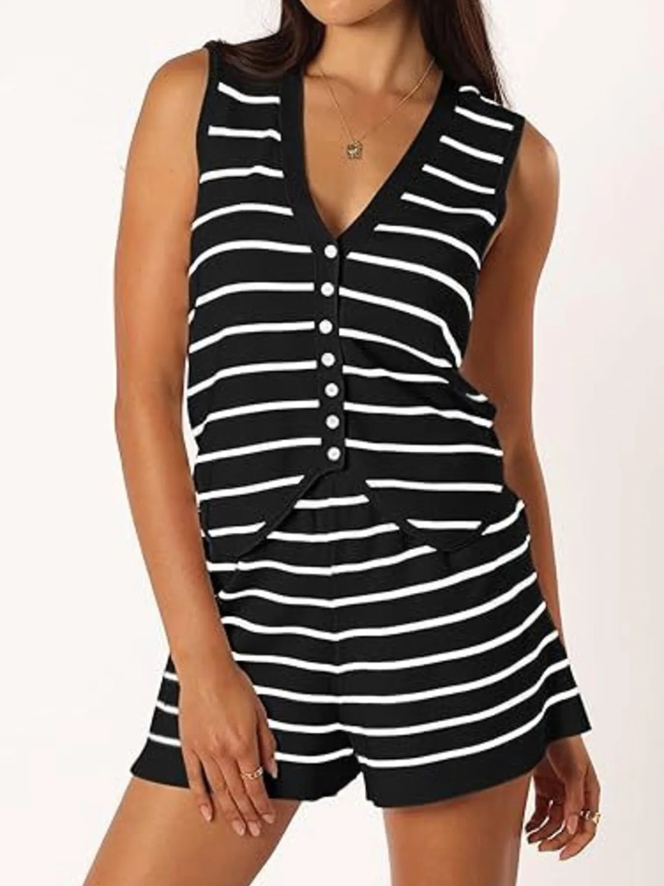 Elisa® | Casual Button-Down Striped Vest And Shorts Set