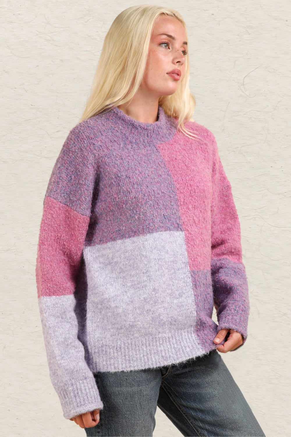 Ramona | Color block sweater with a stand-up collar and dropped shoulders