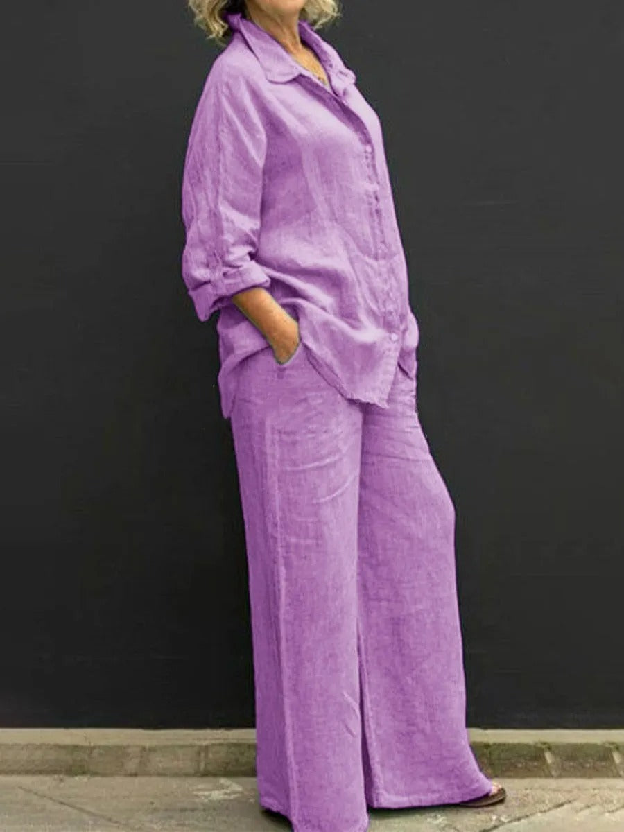 Juliana® | Long Sleeve Button Blouse And Loose Straight Trousers For Women