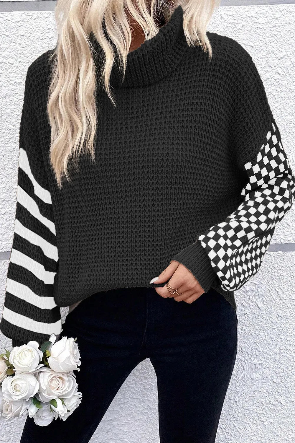 Agnieszka | Checked striped turtleneck sweater with long sleeves