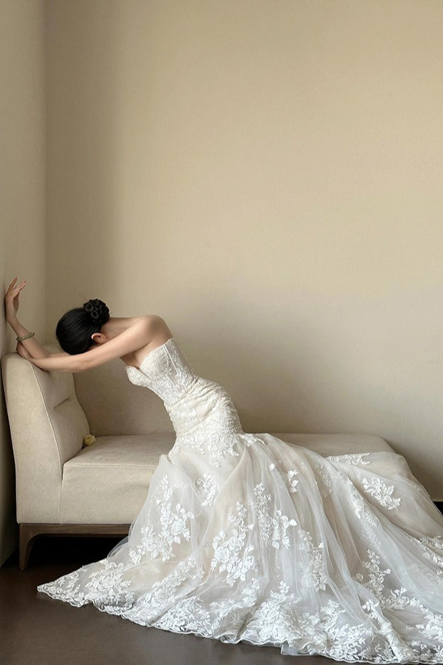 Lace Strapless Mermaid Train Wedding Dress