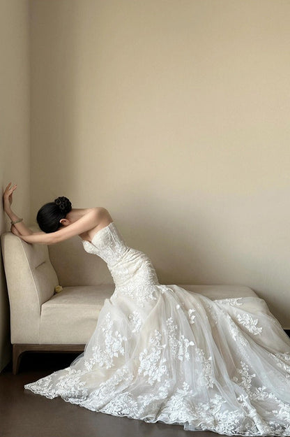 Lace Strapless Mermaid Train Wedding Dress