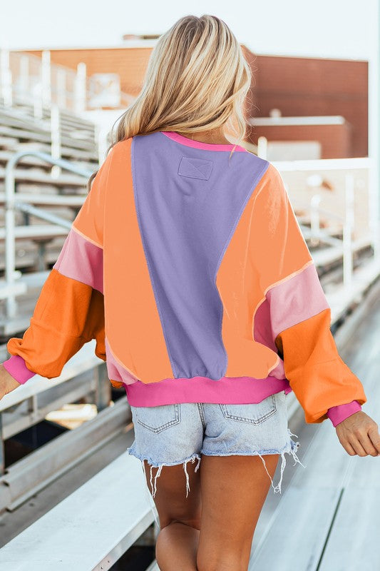 Denise | Women's top with color block patchwork and exposed seams
