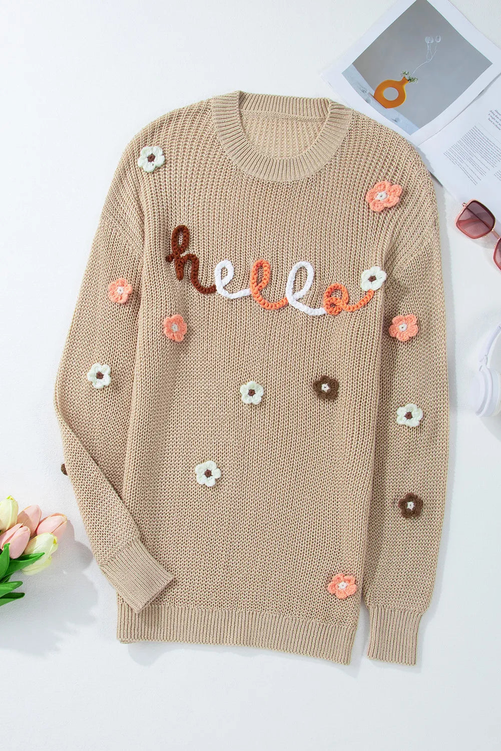 Romy | Long-sleeved sweater with a floral crew neck
