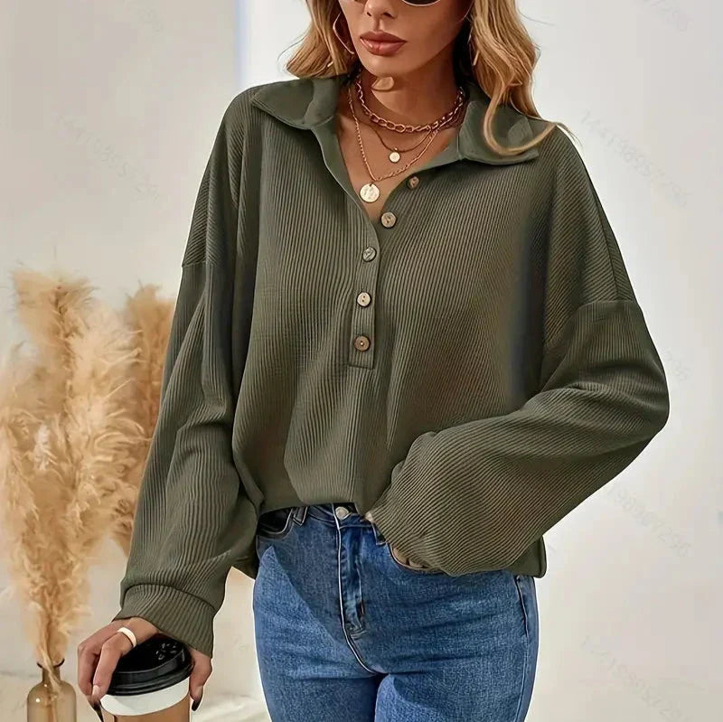 Bryanda® | Chic Autumn Green Ribbed Blouse With Buttons For Women