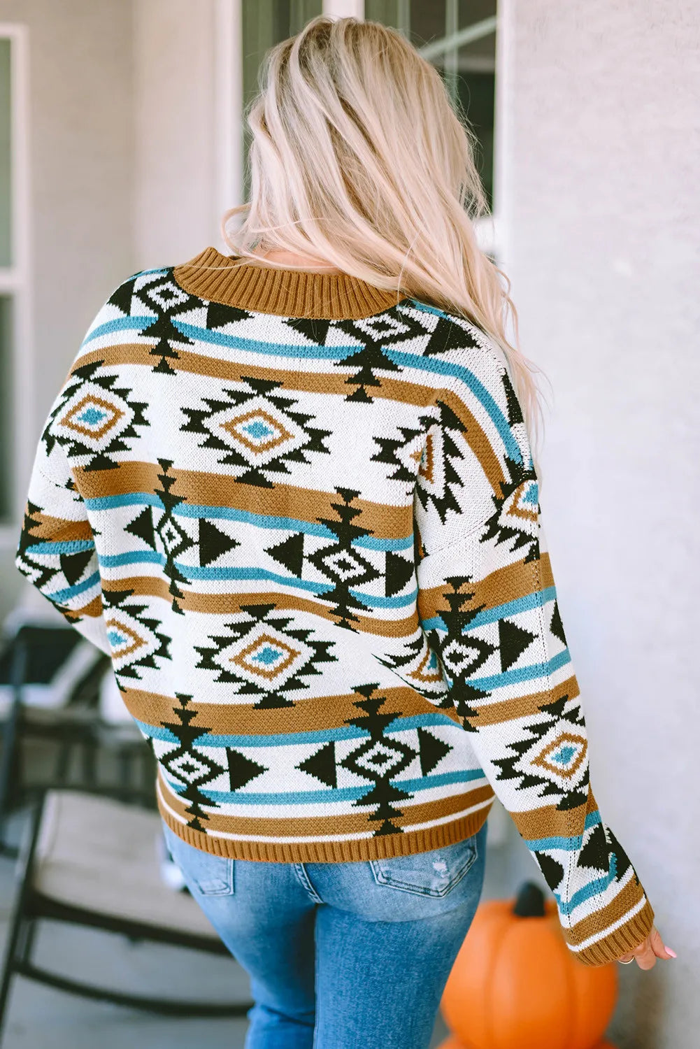Stefanie | Full size long sleeve geometric crew neck sweater