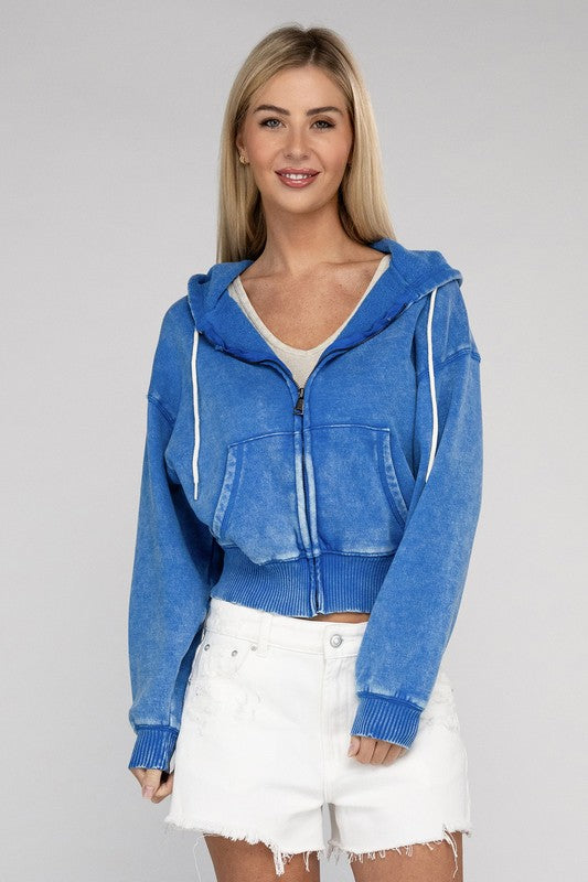Fabiana | Cropped acid wash fleece zip-up hoodie