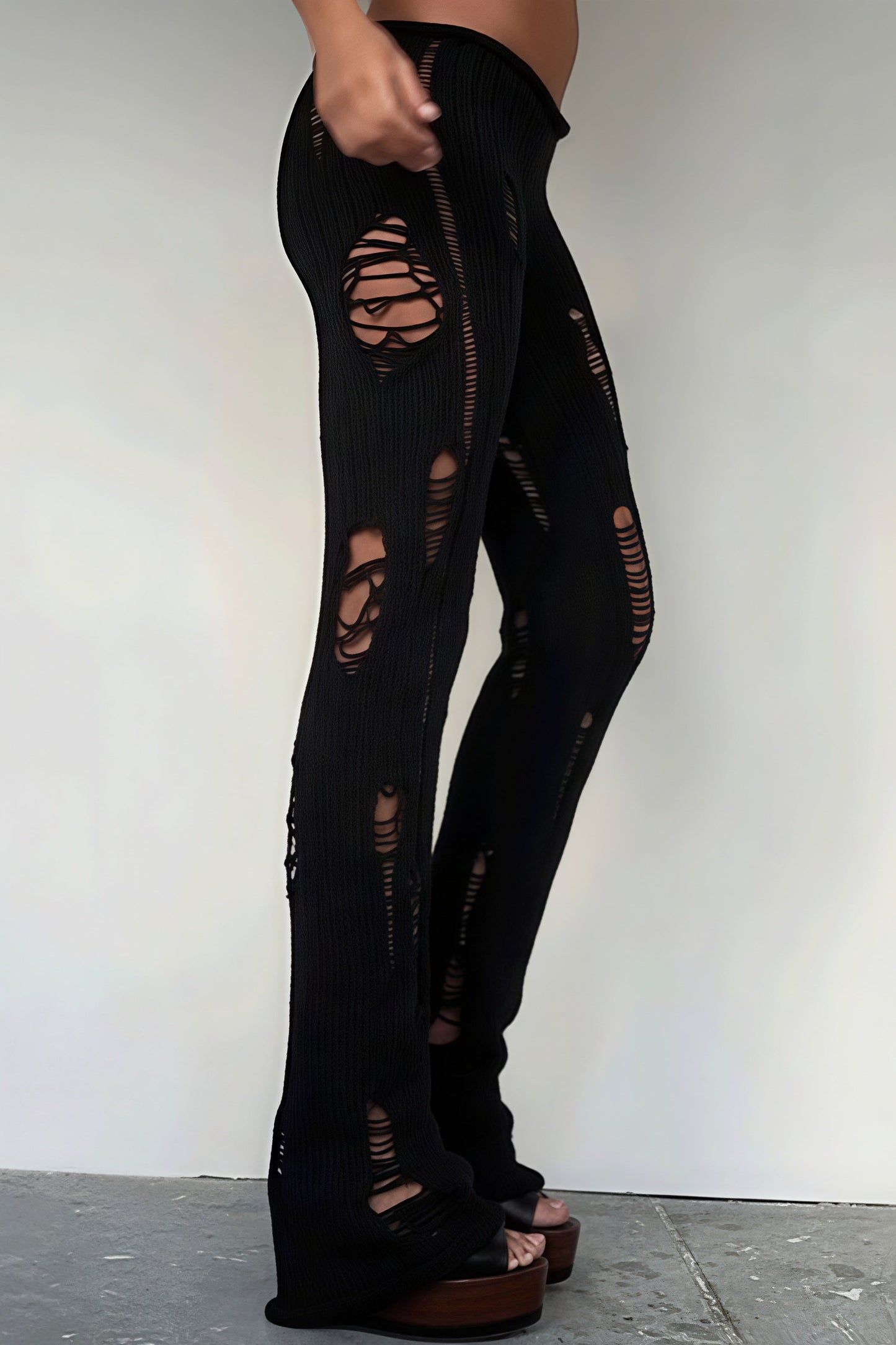 Solid Cutout Distressed Slim Edgy Pants