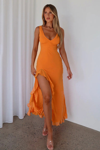 V-Neck Ruffled Hem Bodycon Maxi Dress