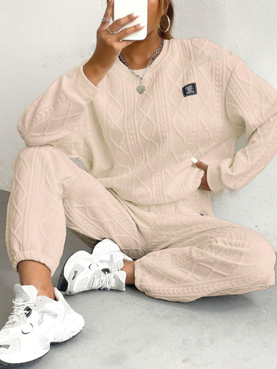 Amelie | Textured crew neck long sleeve top and pants set