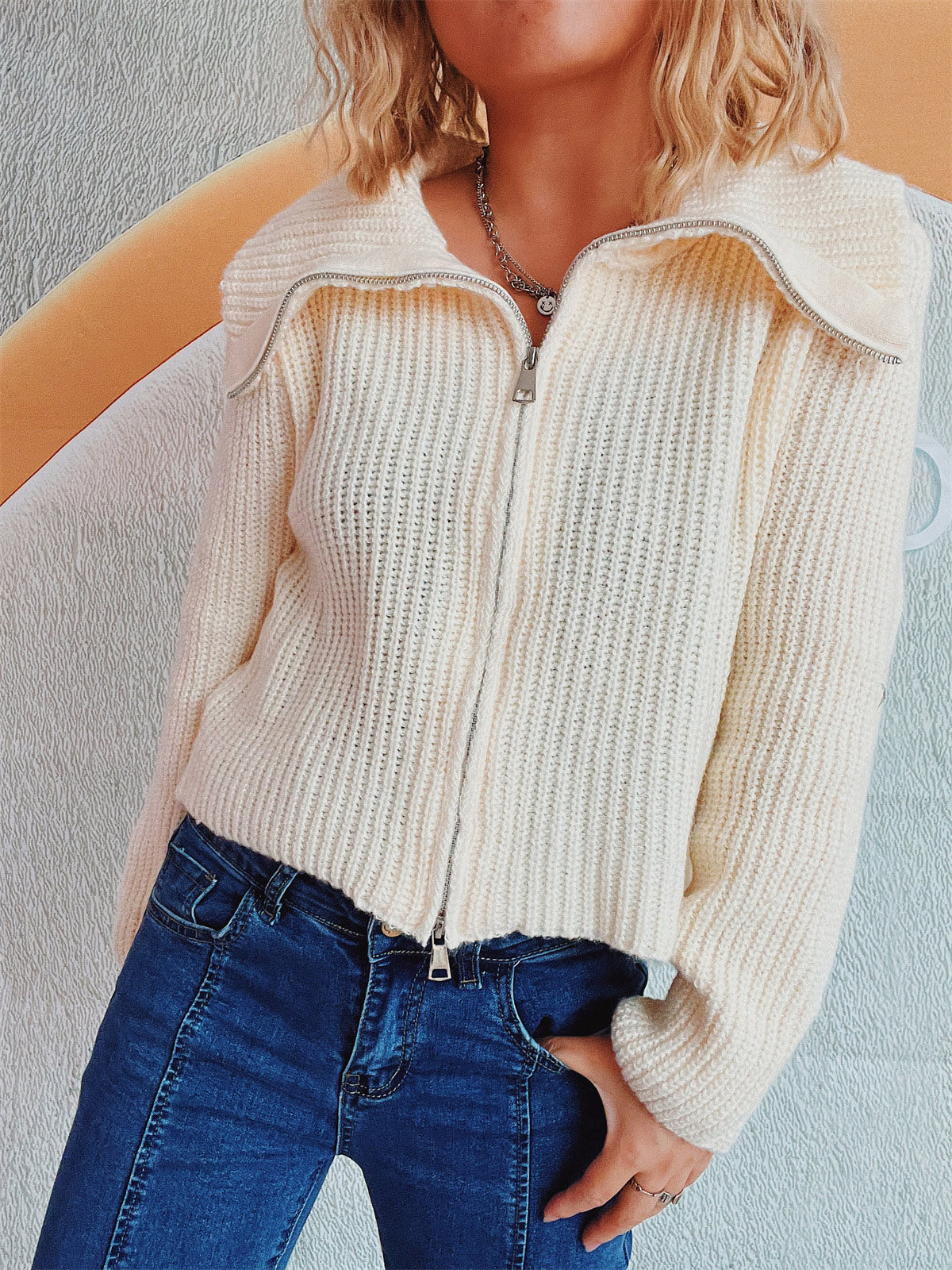 Estefanía | Long-sleeved cardigan with collar and zip