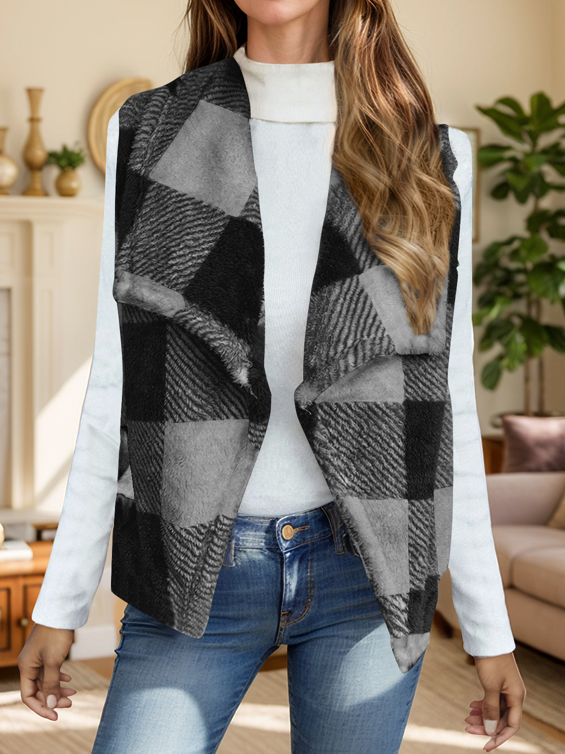 Yolanda | Checked vest coat with an open front