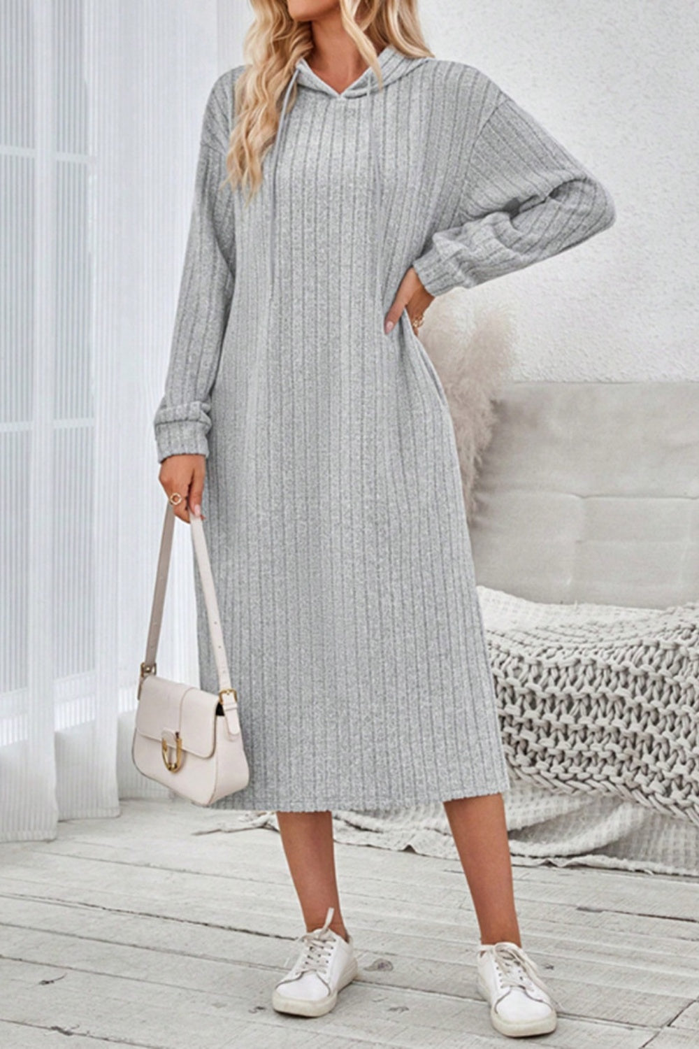 Yvonne | Long sleeve hooded dress with side slit and drawstring