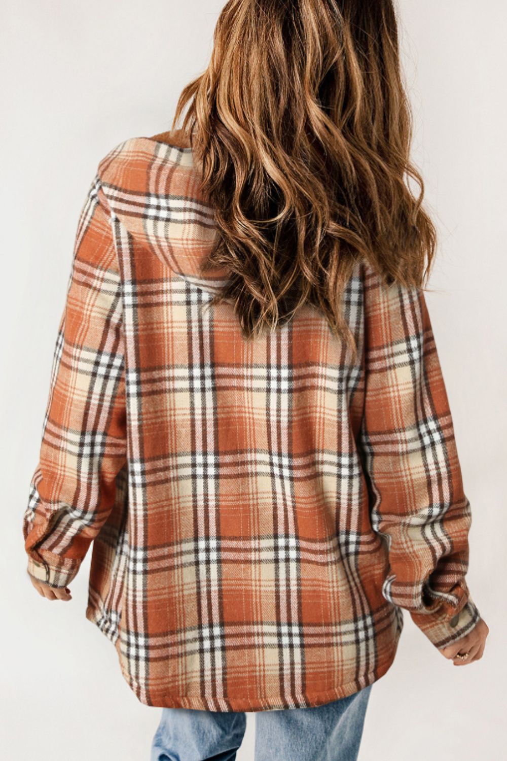 Brigida | Checked button down long sleeve hooded jacket