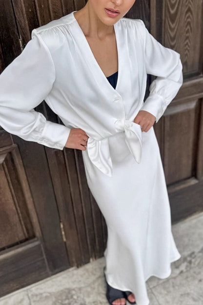 Satin Acetate-like V Neck Tie Long Sleeve Skirt Set