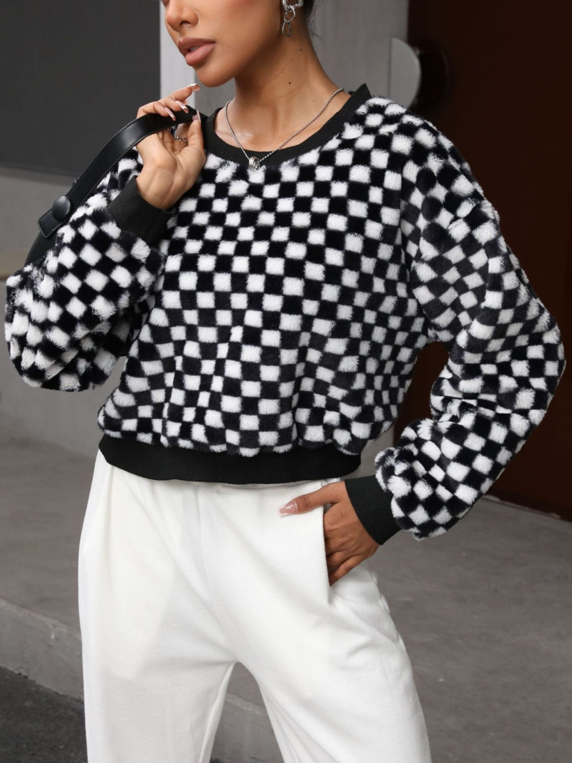 Tatjana | Checked long-sleeved crew neck sweatshirt