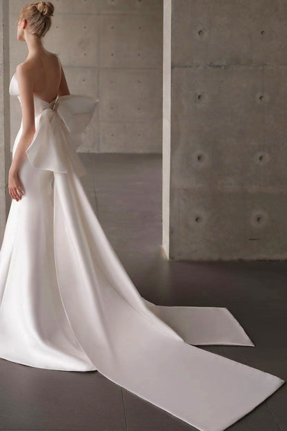 Satin Bandeau Train Bow Wedding Dress