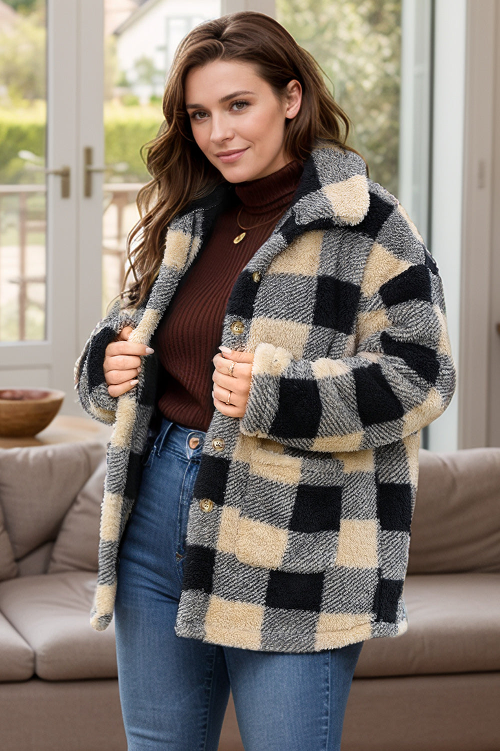 Karol | Oversized long sleeve plaid button down coat