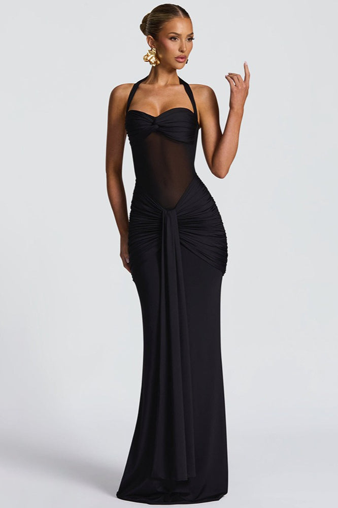 Tie Strap Mesh Maxi Party Dress