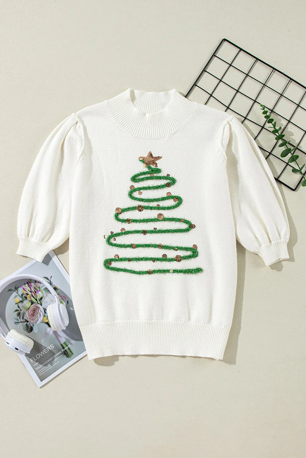 Blanca | Short-sleeved sweater with sequins and stand-up collar
