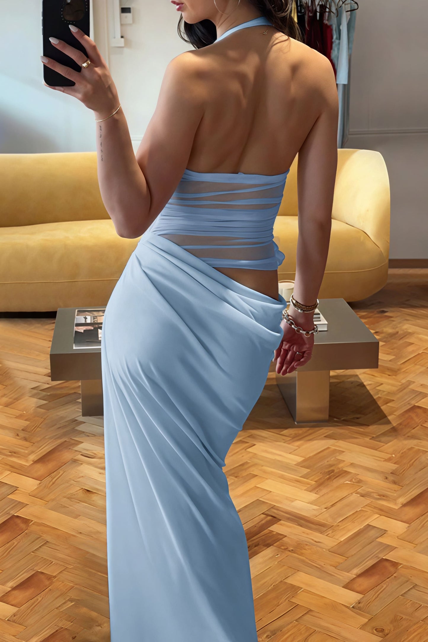 3D Floral Patchwork Halter Slim Cutout Waist Maxi Dress