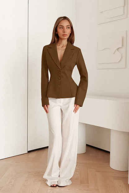 Fitted Waist V-Neck Padded Shoulder Long Sleeve Blazer