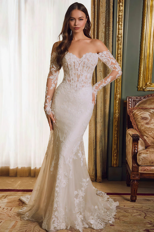 Off Shoulder Lace Long Sleeve Mermaid Wedding Dress