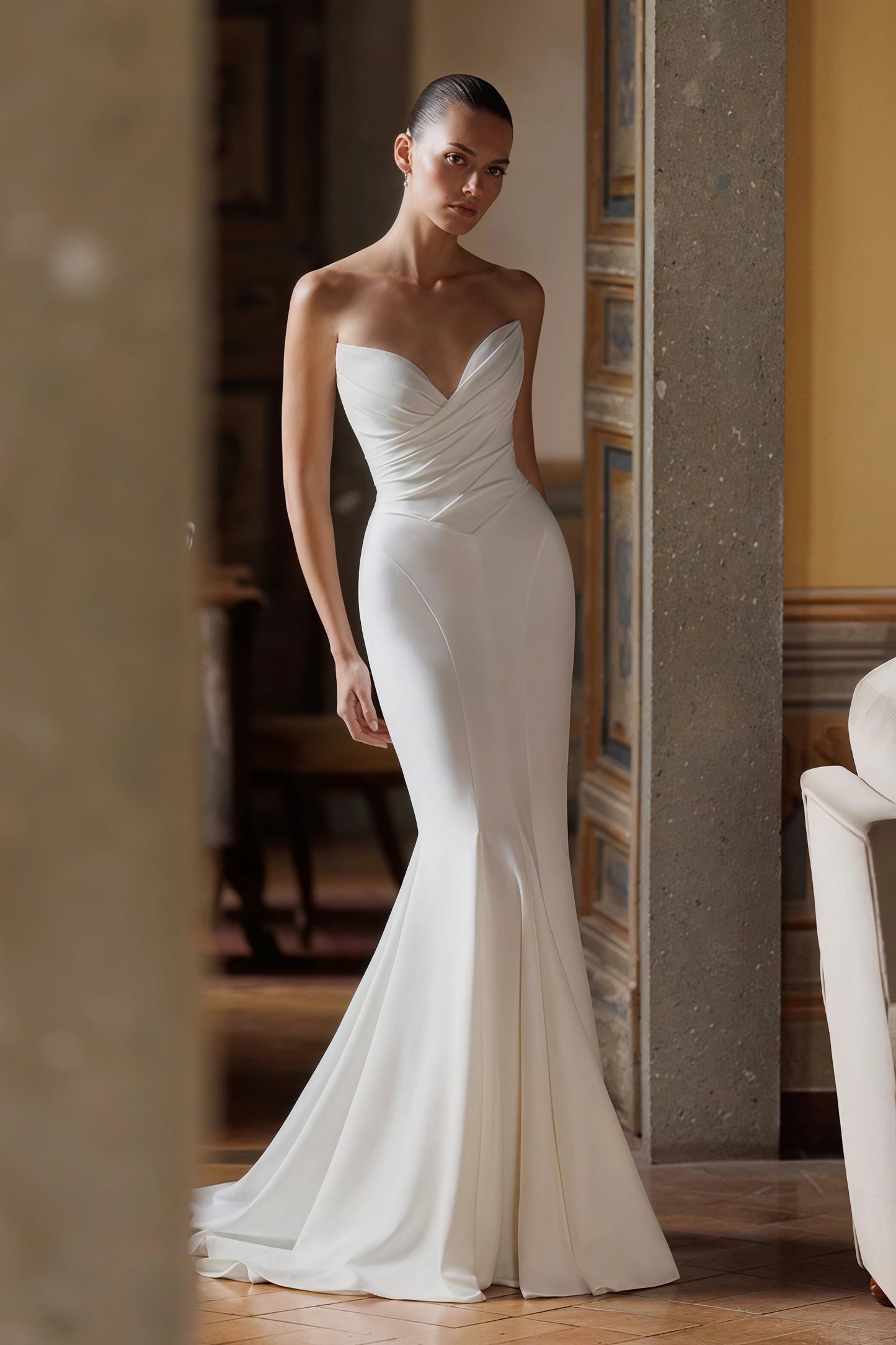 Simple Deep V Strapless Mermaid Train Wedding Dress