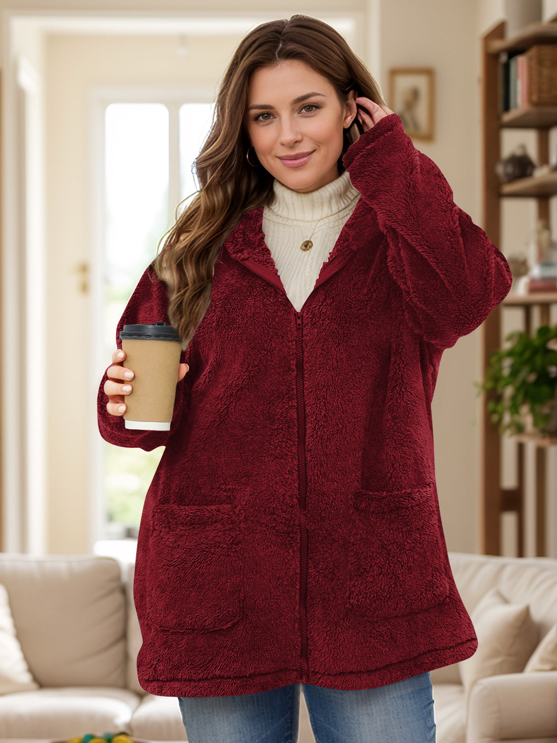 Felicidad | Oversized long sleeve hooded outerwear with zip fastening