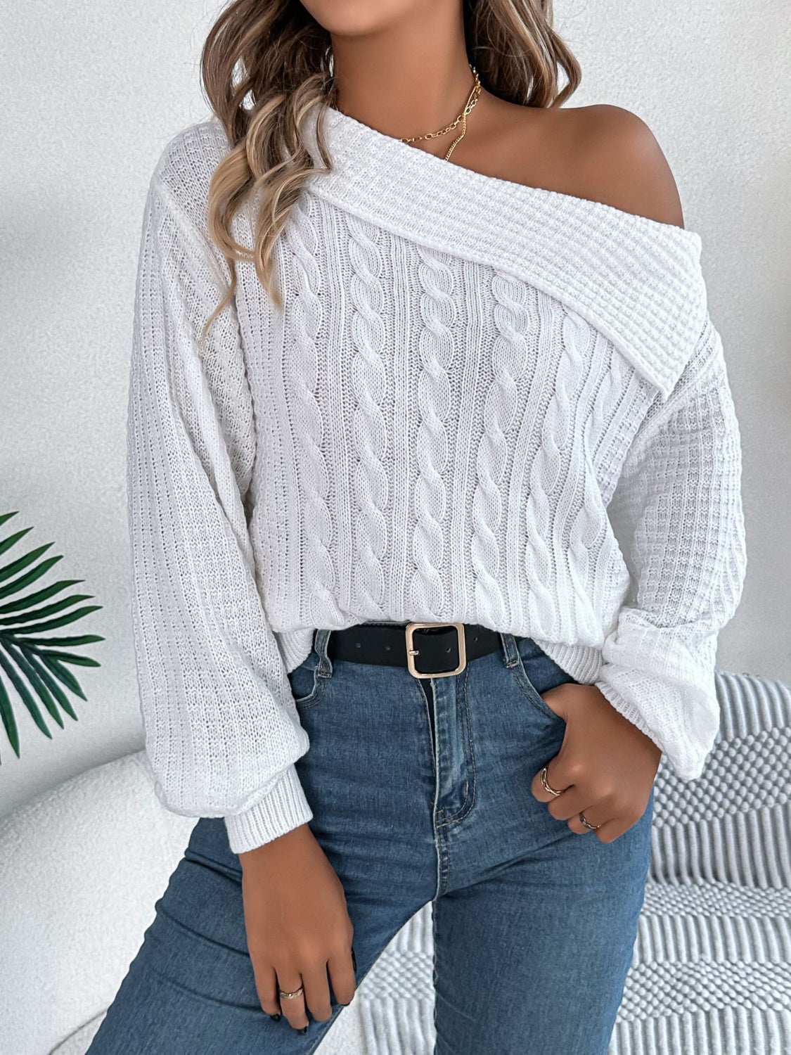 Olivia | Long sleeve cable knit sweater with one shoulder