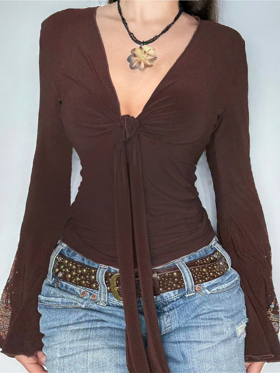 Vintage V Neck Printed Long Sleeve Long Sleeve Tee