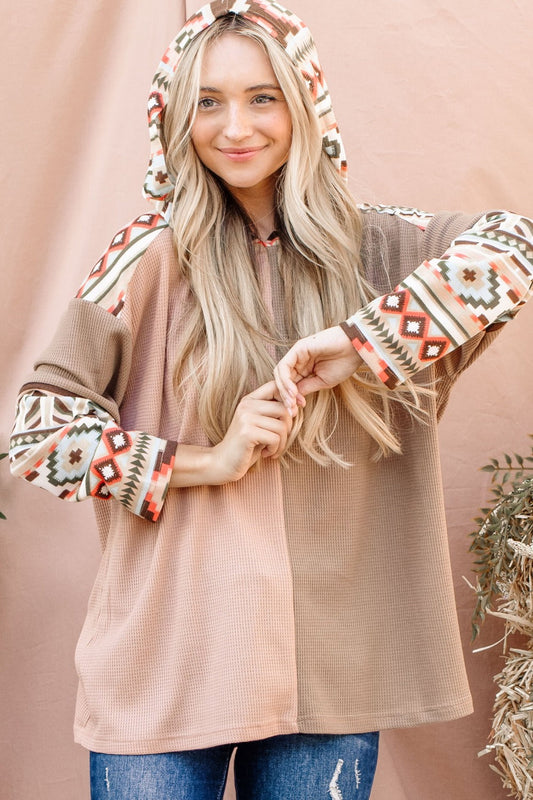 Hanna | And the “Why” printed hooded waffle top with color block design