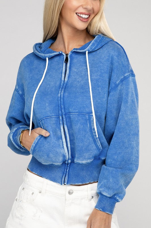 Fabiana | Cropped acid wash fleece zip-up hoodie