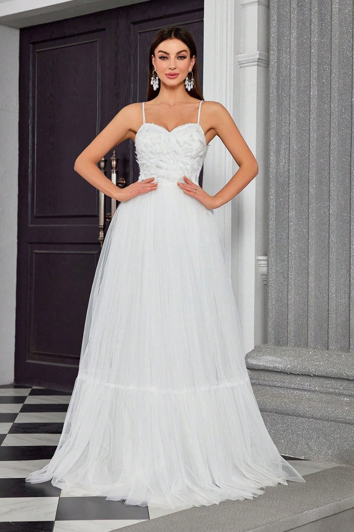 Spaghetti Bandeau Butterfly Tulle Elegant Reception Dress