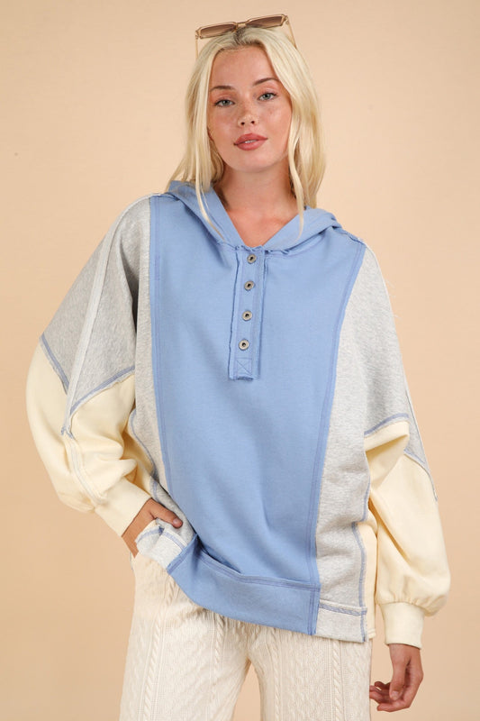 Pilar | VERY J hoodie with exposed seams and color block half buttons