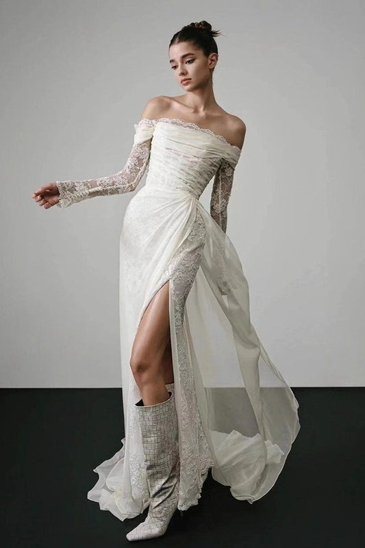 Long Sleeve Lace Off Shoulder Reception Dress