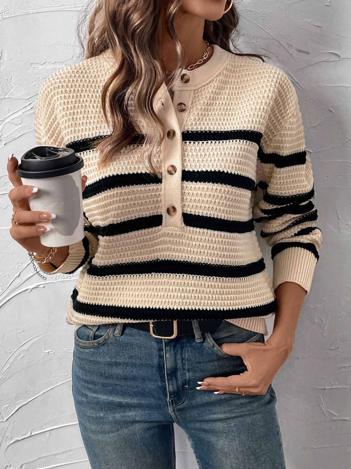 Verónica | Perfee striped long sleeve sweater with half buttons