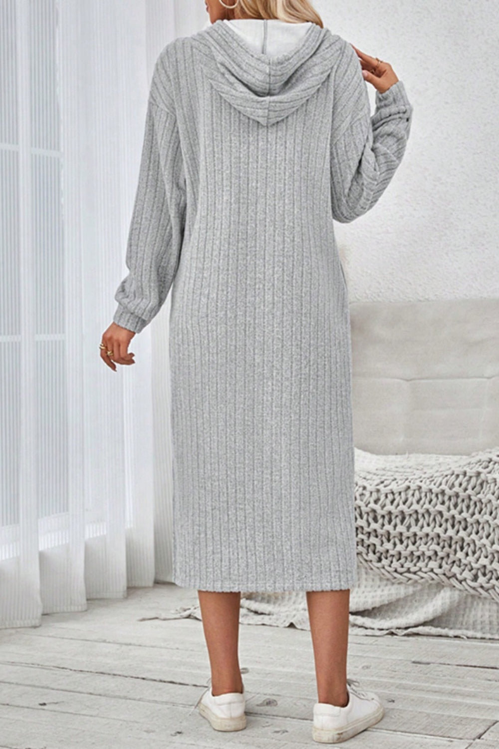 Yvonne | Long sleeve hooded dress with side slit and drawstring