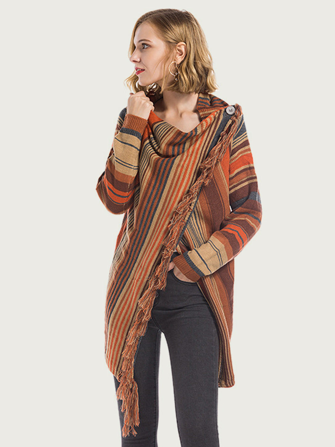 Dagny | Long sleeve cardigan with tassel stripes and open front