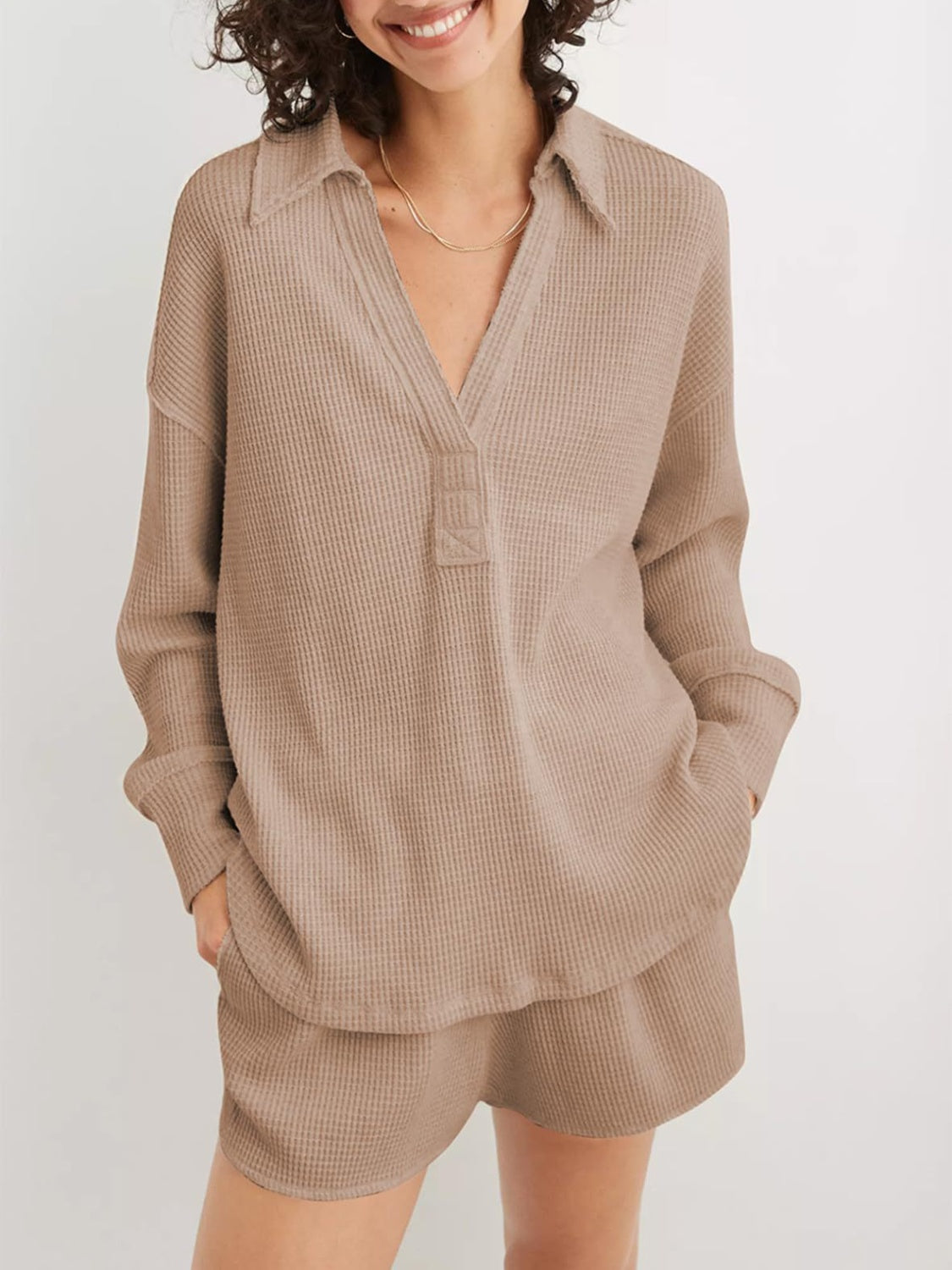 Johanna | Long sleeve waffle knit johnny collar sweatshirt