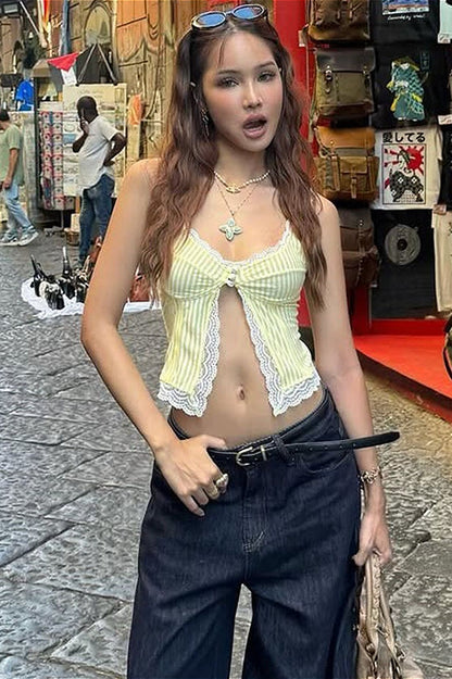 Sexy Ruffled Stripe Lace Tank Top