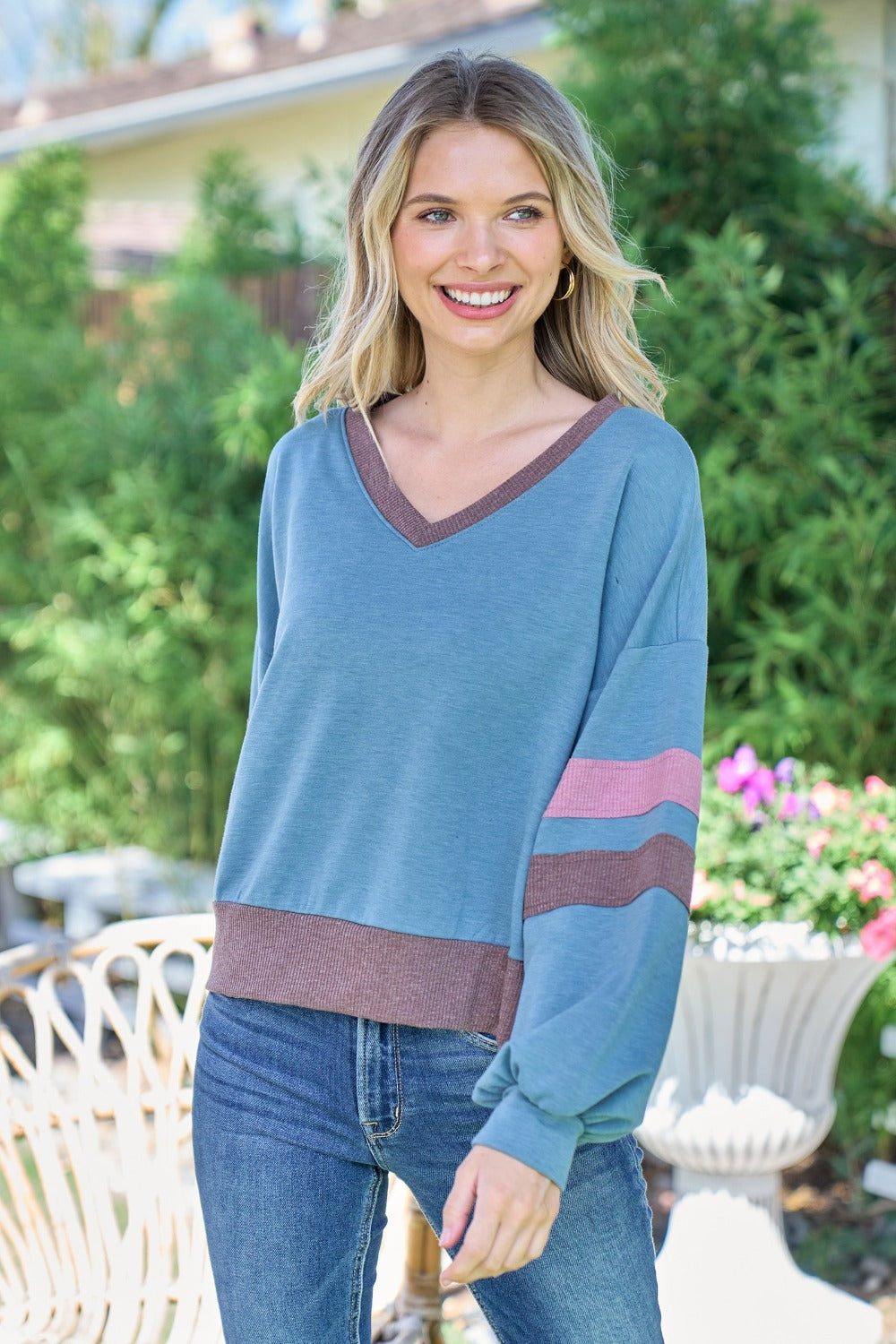 Cristina | Hailey & Co. color block V-neck cropped sweatshirt